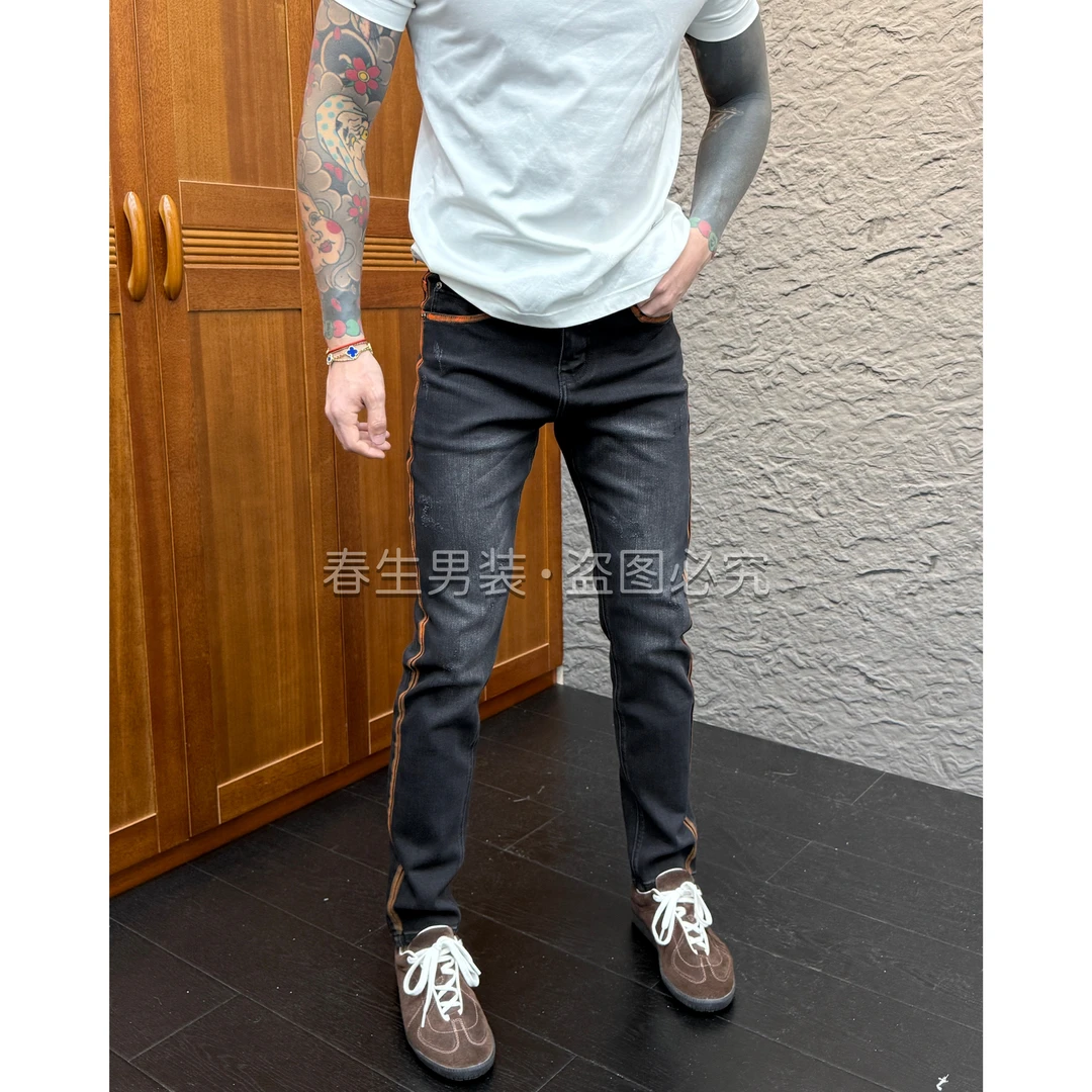 2025秋冬新款时尚休闲百搭净版黑灰色创意修身小脚牛仔裤9353