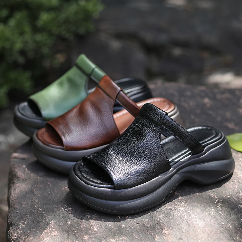 【增高6CM】头层牛皮复古手工真皮厚底拖鞋女夏季新款外穿轻便露趾