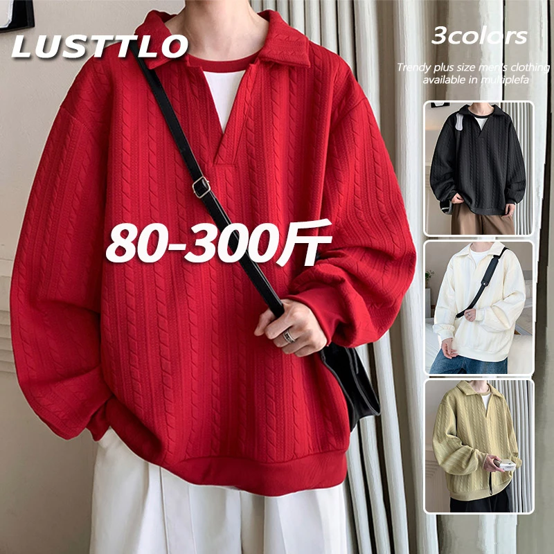 2025秋冬季新款复古大码提花卫衣男士宽松休闲百搭翻领长袖上衣服