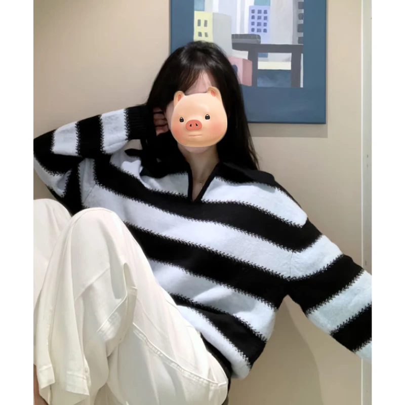 韩系早秋氛围感穿搭法式翻领条纹毛衣女秋冬宽松慵懒风针织衫上衣