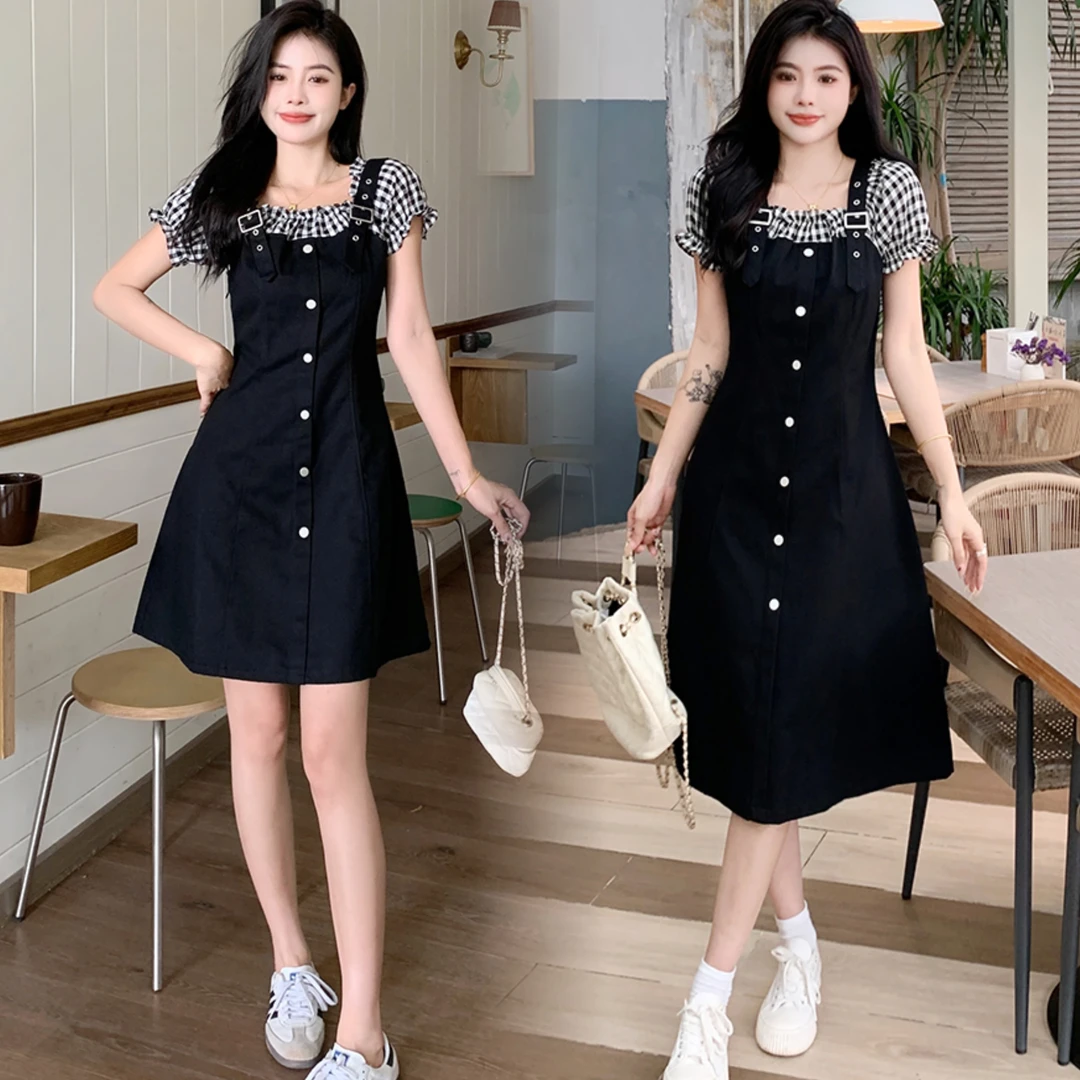 2025年新款大码女装时尚假两件牛仔拼接连衣裙夏季泡泡袖收腰A字