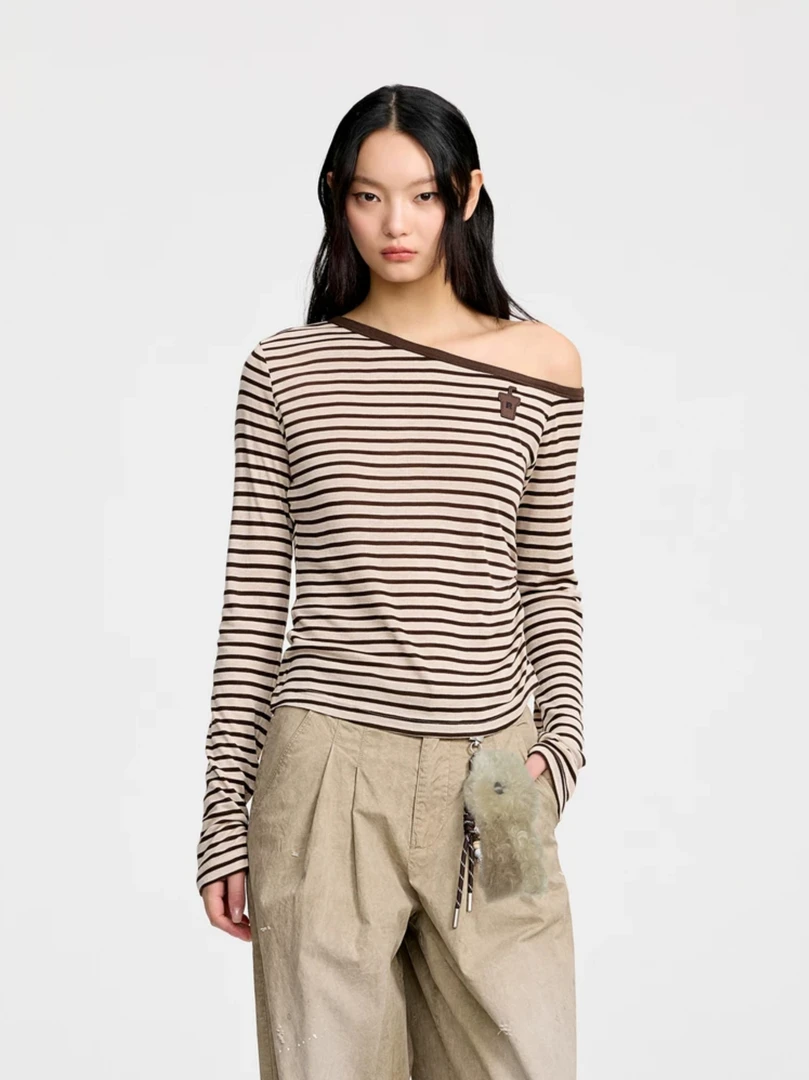 杰瑞【时髦亮点】新款天丝羊毛斜肩侧褶条纹长袖T恤休闲宽松长袖T女