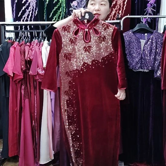 4XL5XL旗袍烫钻长款