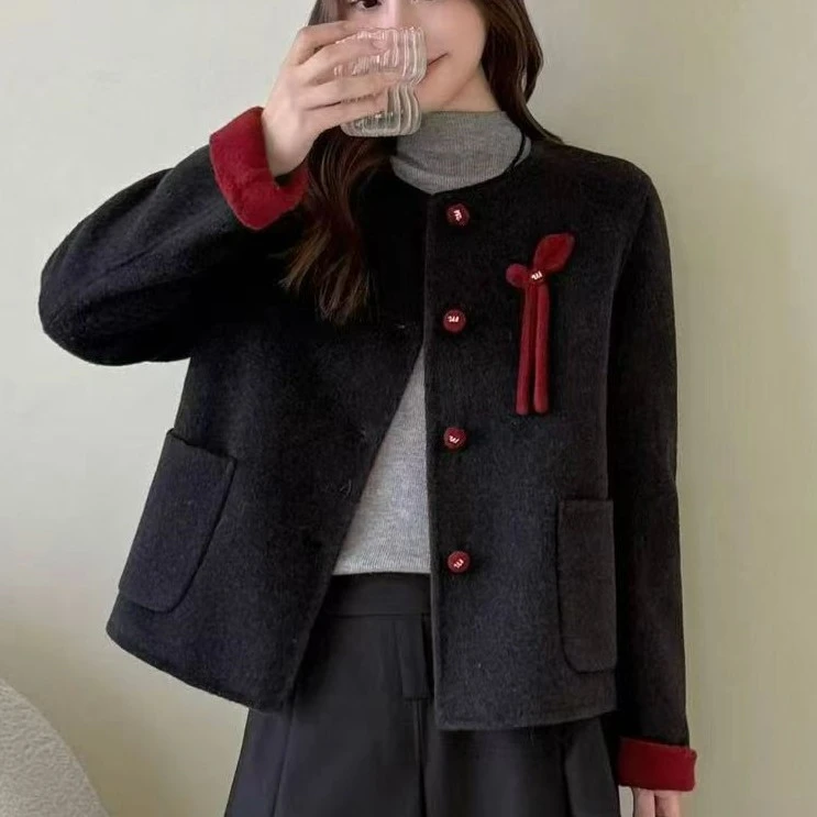 美妈款蝴蝶结小香风双面羊毛秋冬季高贵优雅气质加厚外套