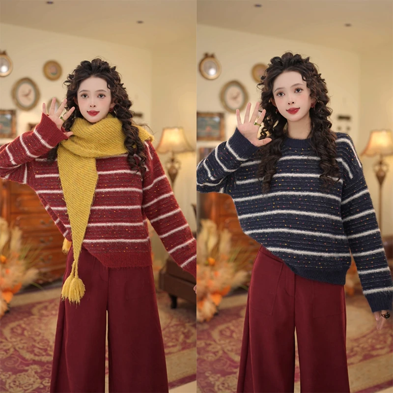扣子家【北极星】港风复古条纹针织衫厚款套头毛衣KO6347337