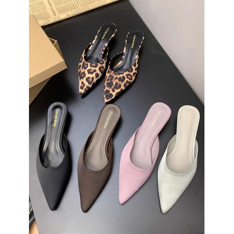 法式尖头细低跟包头半拖女2025年春季新款小众设计浅口一脚蹬拖鞋