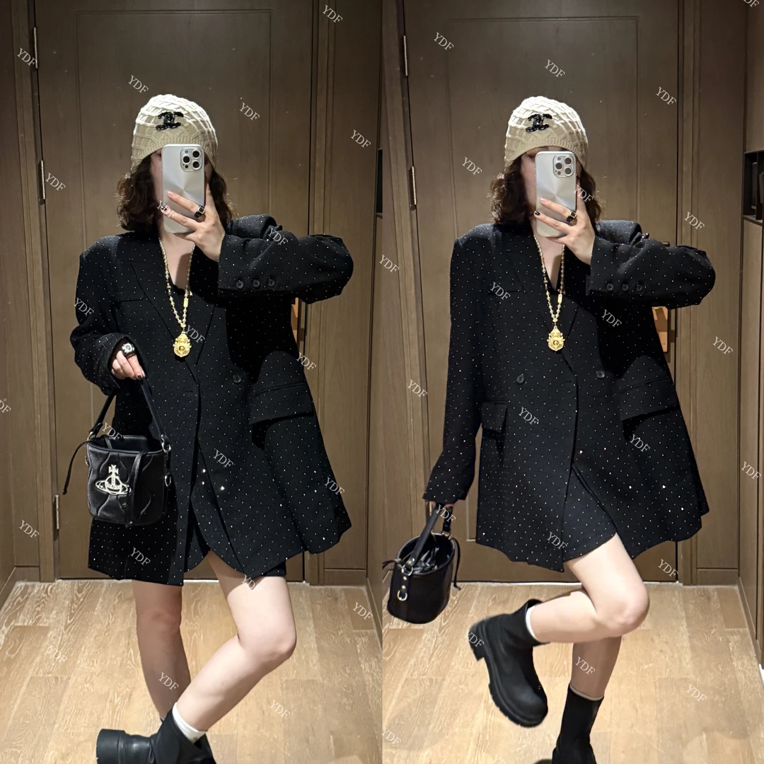 YDFSTUDIO小众【璀璨光芒】欧货早秋重工烫钻设计西装上衣+裙裤套装