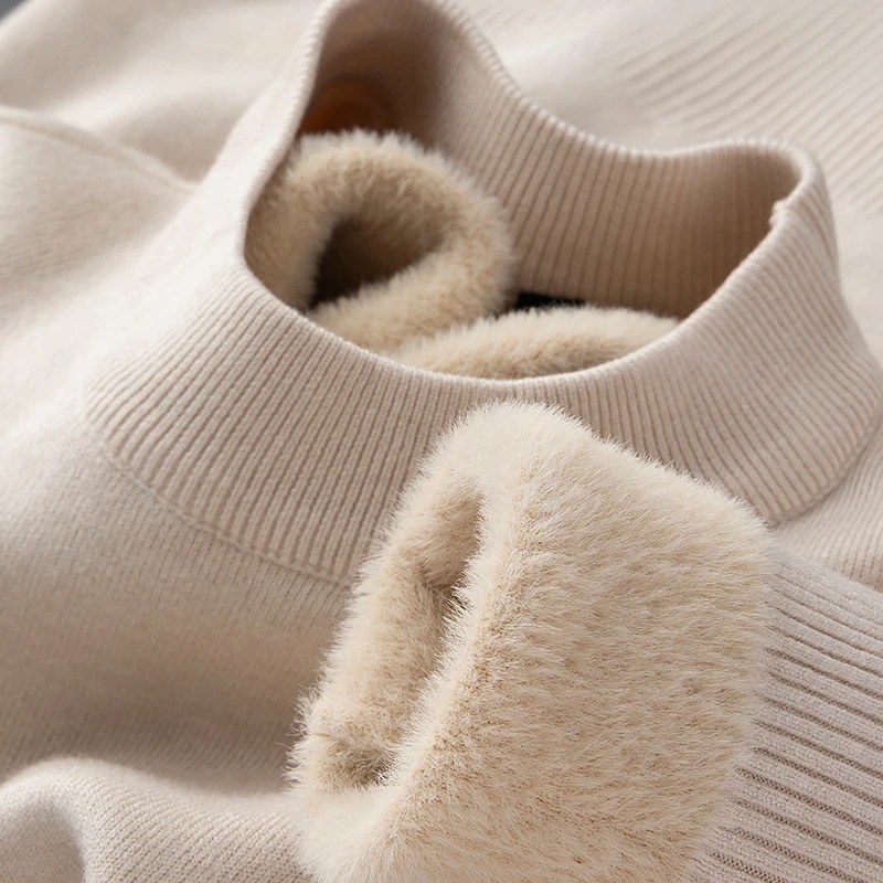 轻奢冬季加绒加厚保暖一体绒半高领打底毛衣男修身纯色针织衫男士