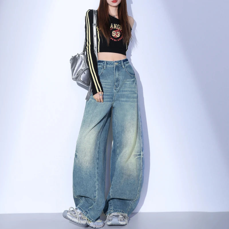 复古弯刀裤阔腿牛仔裤女2025秋季新款设计感梨形身材显瘦拖地裤子