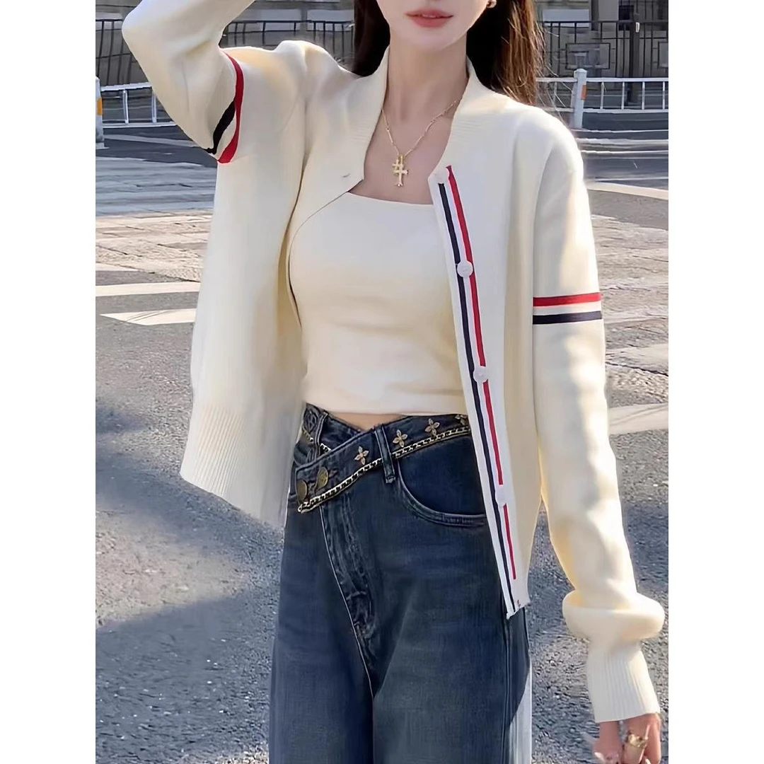 实价#绵羊绒#2025秋冬季法式高级感条纹白色针织衫女开衫外套