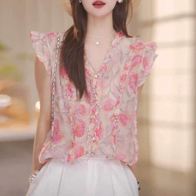 粉色碎花无袖衬衫女富家千金气质衣服2025夏季新款时髦气质上衣潮