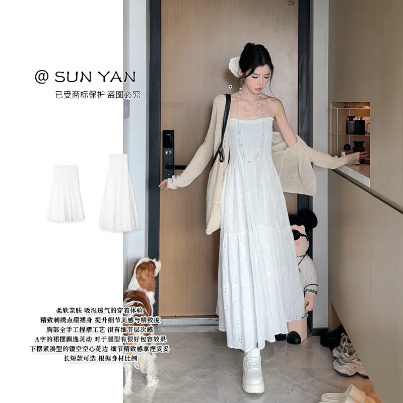 孙妍夏款【白山茶裙】纯欲风性感一字肩压褶收腰显瘦a字刺绣连衣