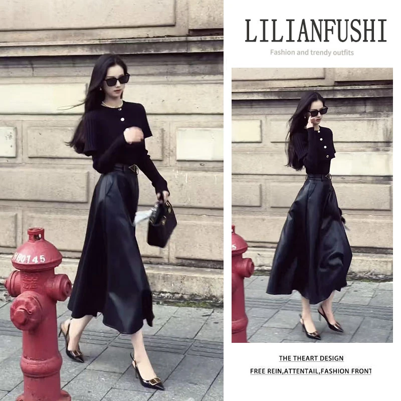 韩系穿搭2025秋季新款设计感百搭长袖针织衫显瘦高腰半身裙两件套