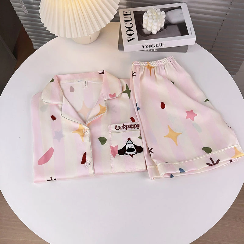 卡通小狗冰丝睡衣女士套装夏季薄款短袖短裤开衫甜美学生家居服