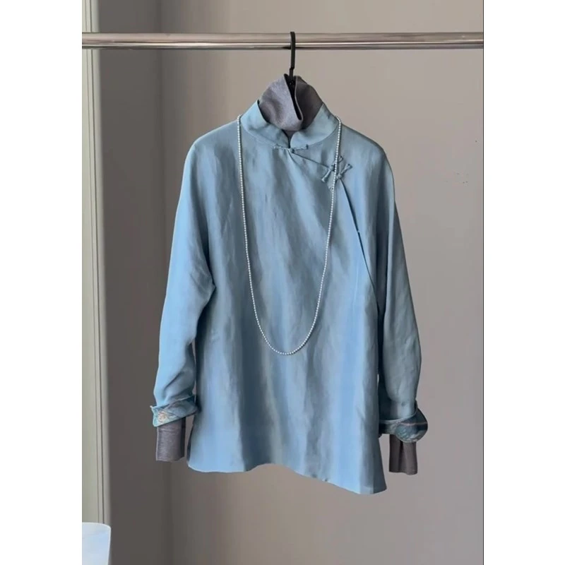 2025春季新款蓝色新中式衬衫高级设计感斜襟盘扣禅意国风衬衣上衣