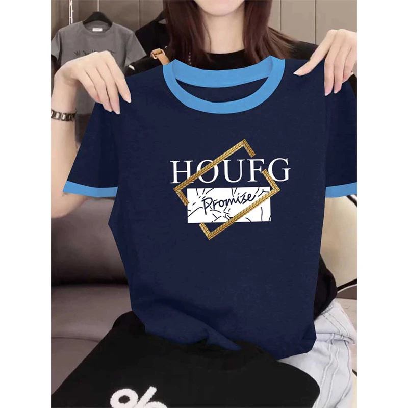 设计感圆领彩色拼接撞色短袖T恤女2025新款时尚百搭体恤夏季上衣