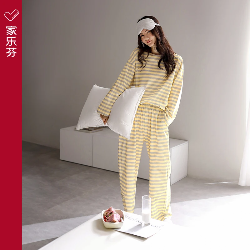 家乐芬睡衣女士春秋款莫代棉尔长袖家居服大码冰丝套装可外穿圆领