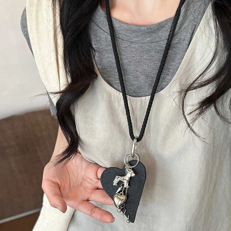 合金项链 爱心小狗长款镜子项链甜酷ins风毛衣卫衣链小众设计配饰