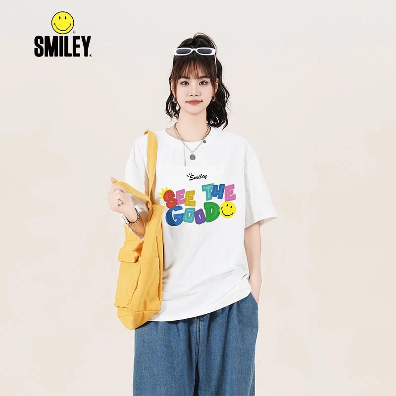 SMILEY 法国笑脸运动白色休闲情侣夏季宽松圆领T恤  男女同款TZ
