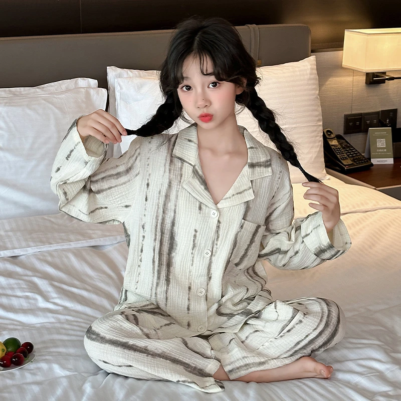 女童高端棉纱睡衣秋2025新款初中生女孩春秋空调服长袖家居服套装