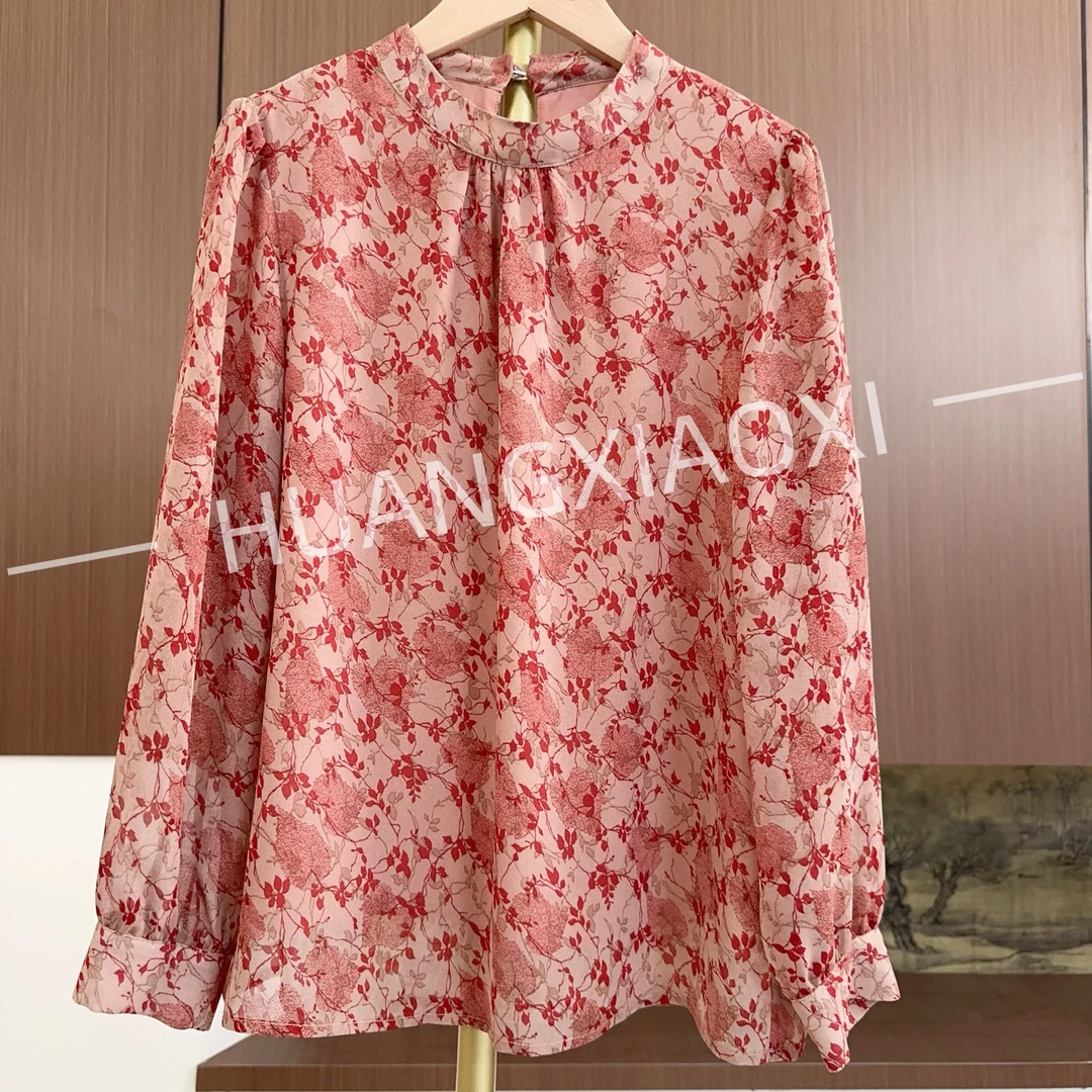 HUANGXIAOXI 枫叶红气质小圆领减龄长袖小衫ZF-G89