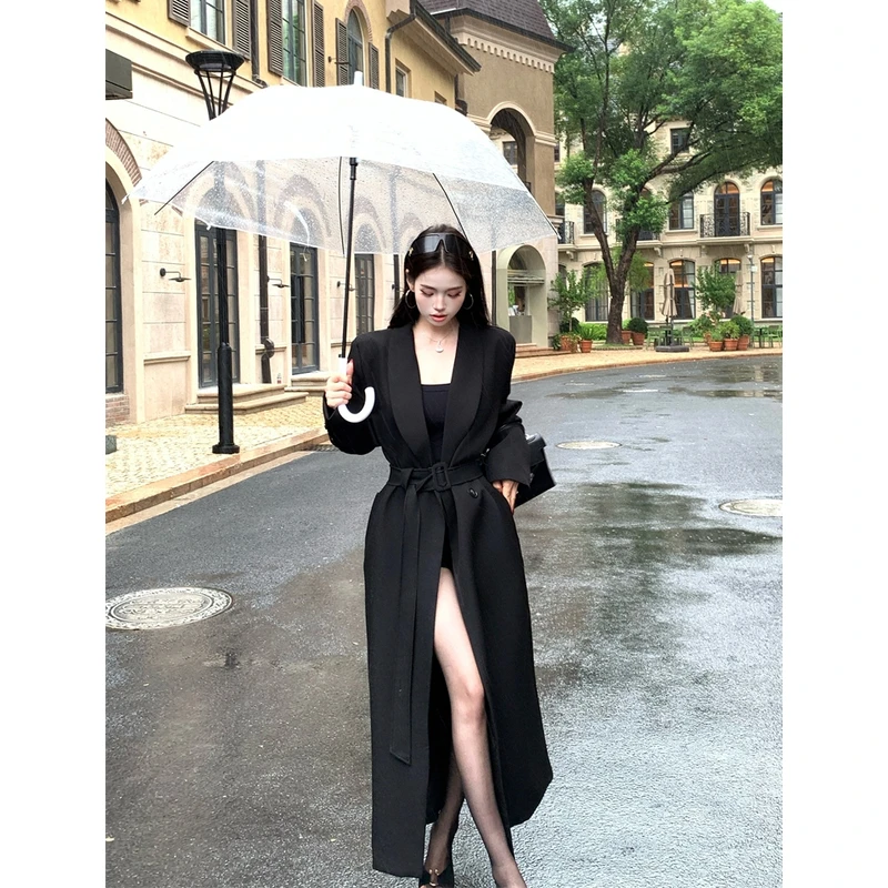 新款韩版秋冬黑色简约高个子高级感重工正肩中长款风衣外套大衣女