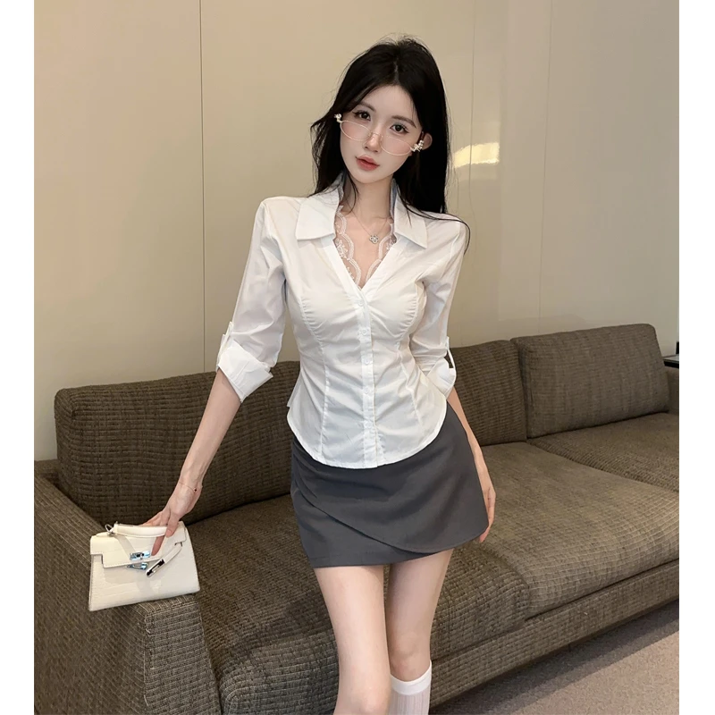 【北岛情书】纯欲风性感辣妹长袖衬衫秋季设计感显瘦修身短裙两件套