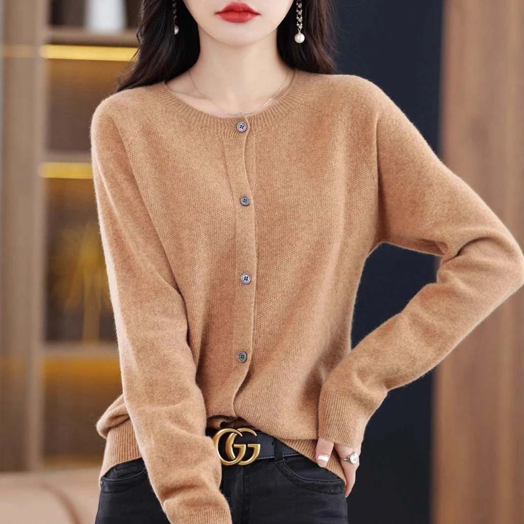 开衫女式针织衫圆领2025秋冬新款韩版宽松毛衣外套桂花针外搭上衣