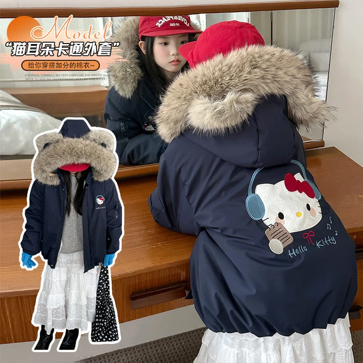 女童加绒派克服秋冬季儿童加厚卡通棉服连帽外套保暖棉衣女中大童