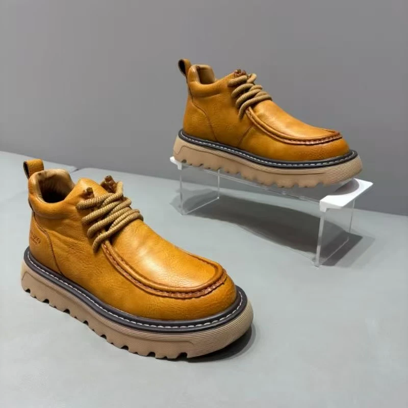 复古做旧马丁靴男款冬季加绒保暖系带高帮休闲鞋男防滑厚底工装鞋