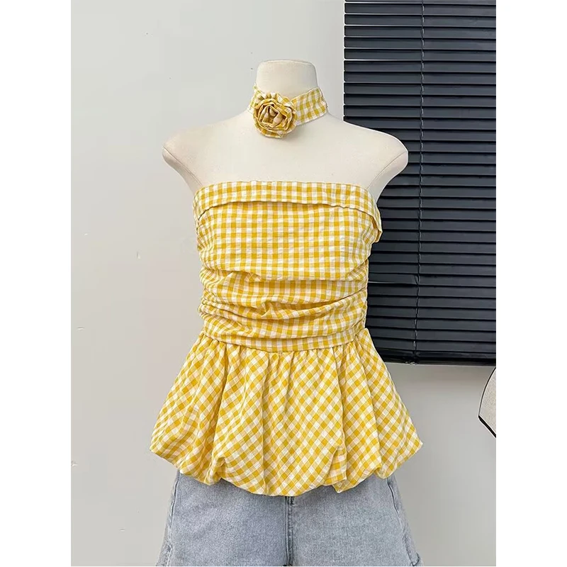 法式甜辣一字肩格子花苞抹胸背心女夏季设计感蝴蝶结系带短款上衣