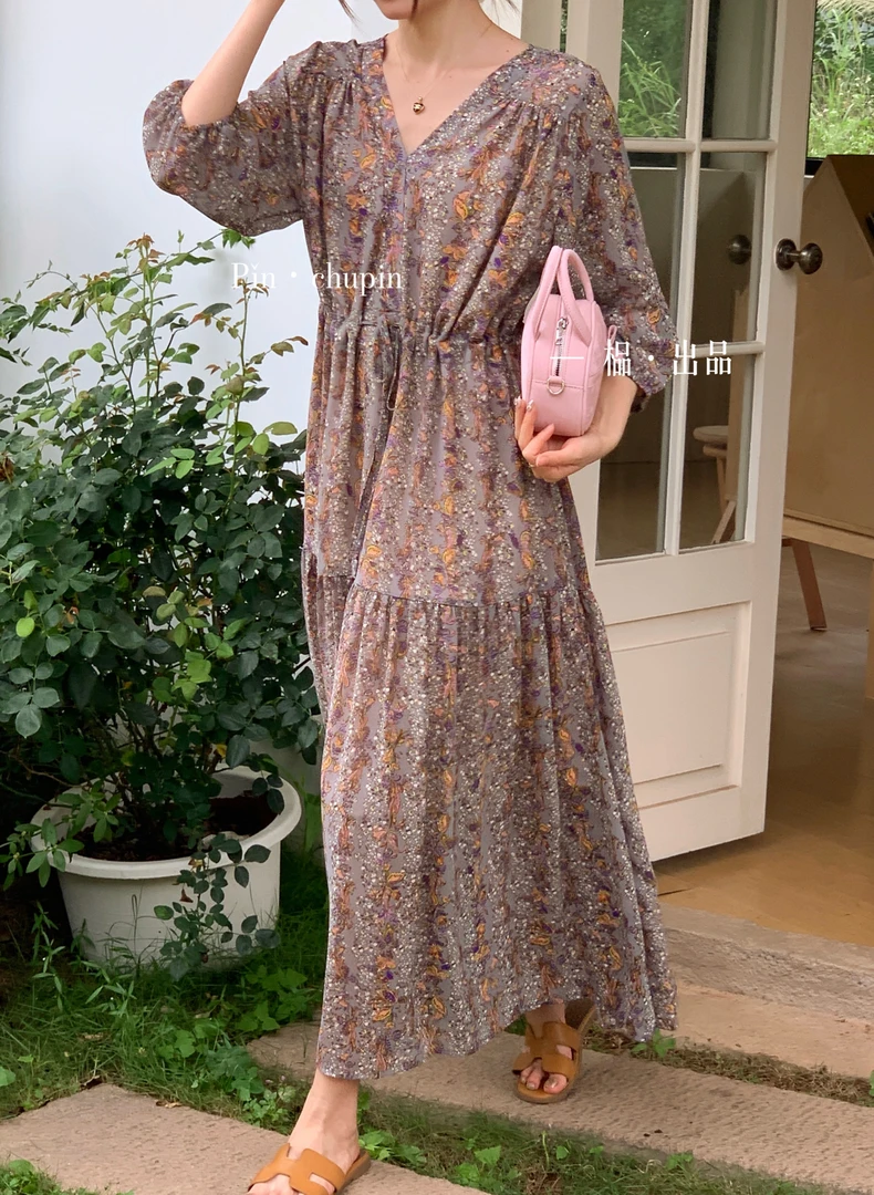 【榀家长裙1米26】｛暗香｝法式复古V领小众色系大版显瘦碎花连衣裙