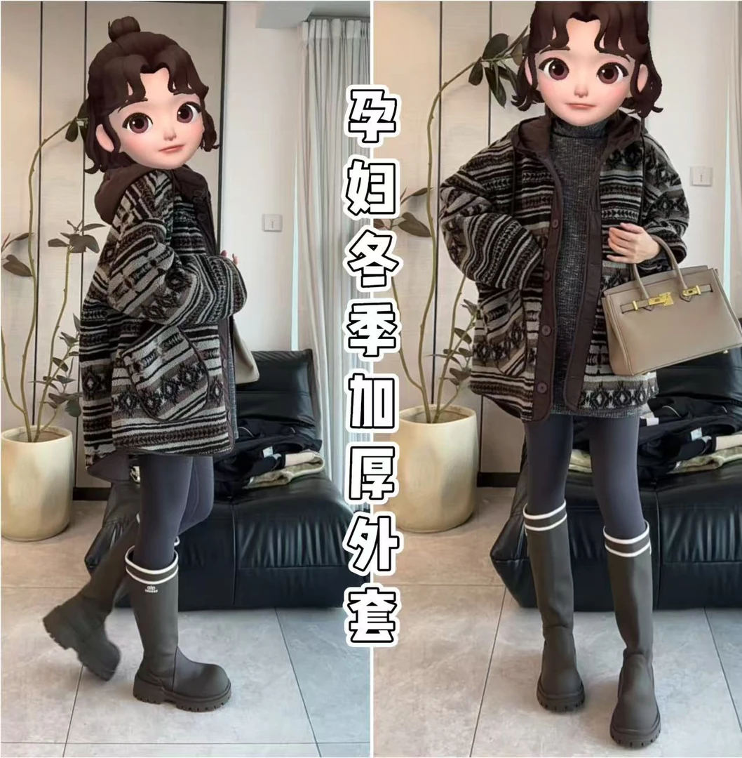 【韵熹熹】孕妇冬季大码加厚仿羊羔绒大口袋复古印花外套