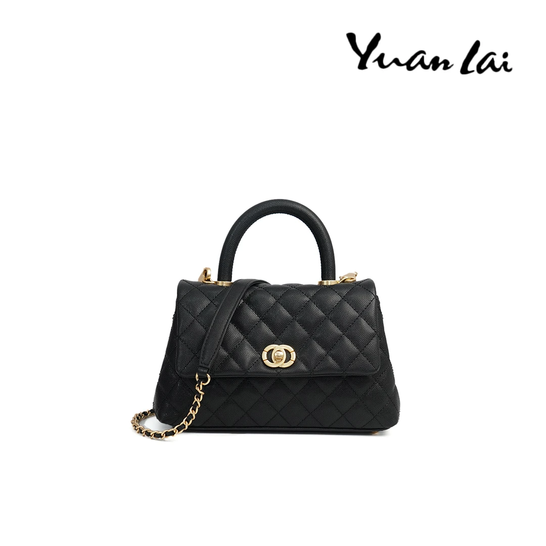 YUANLAI原来 头层牛皮 手提包菱格单肩经典黑色百搭