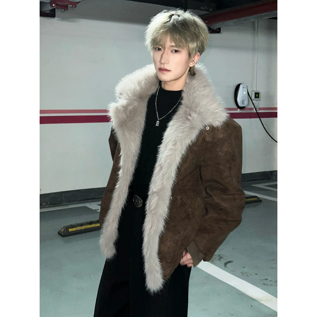 座山雕毛领棉服男冬季夹棉加厚荔枝纹PU皮棉衣外套美式潮牌高级感