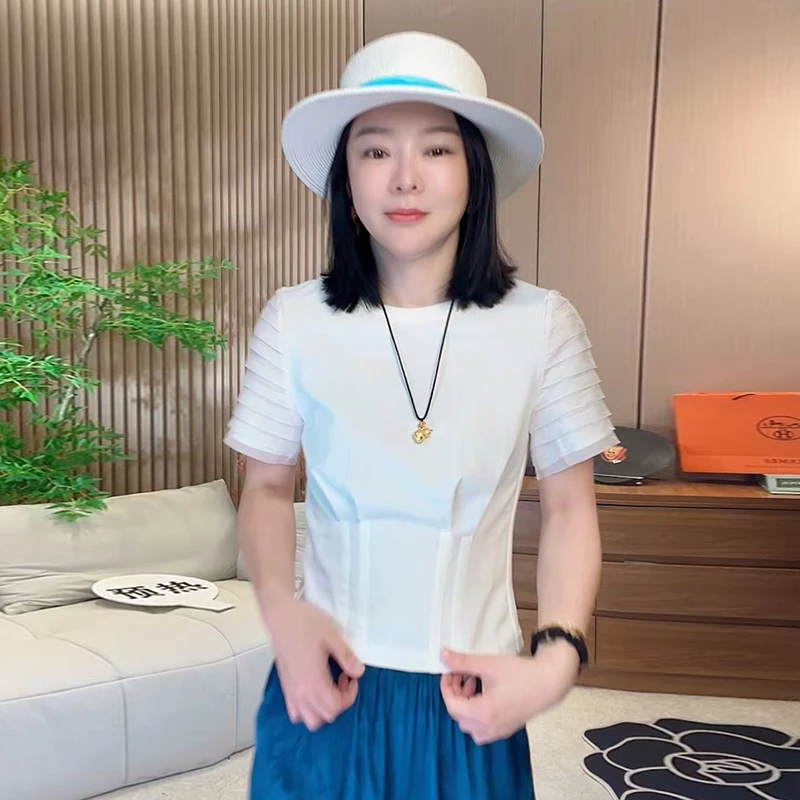 高级感气质堆堆短袖t恤女夏季新款减龄别致收腰显瘦圆领短袖上衣