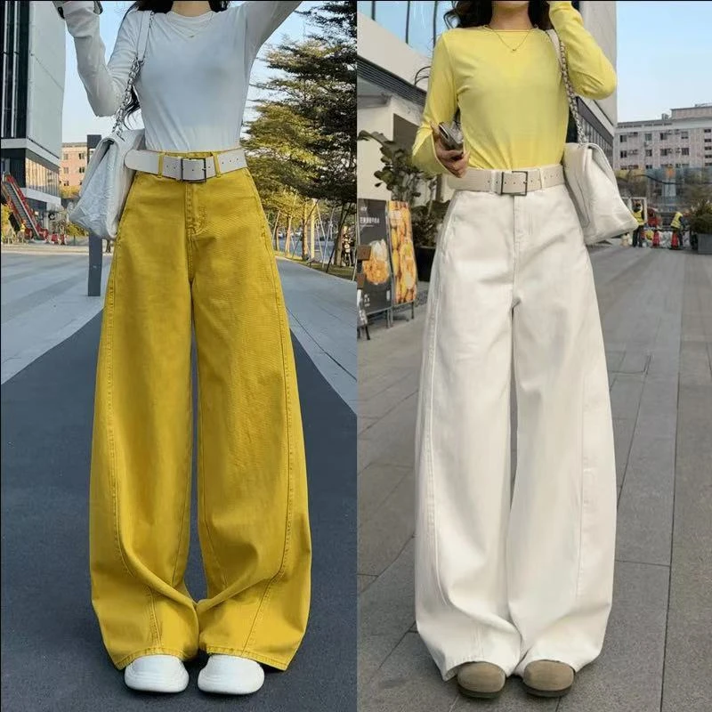 活力黄弯刀阔腿牛仔裤百搭简约女2025新款宽松显瘦阔腿裤休闲裤