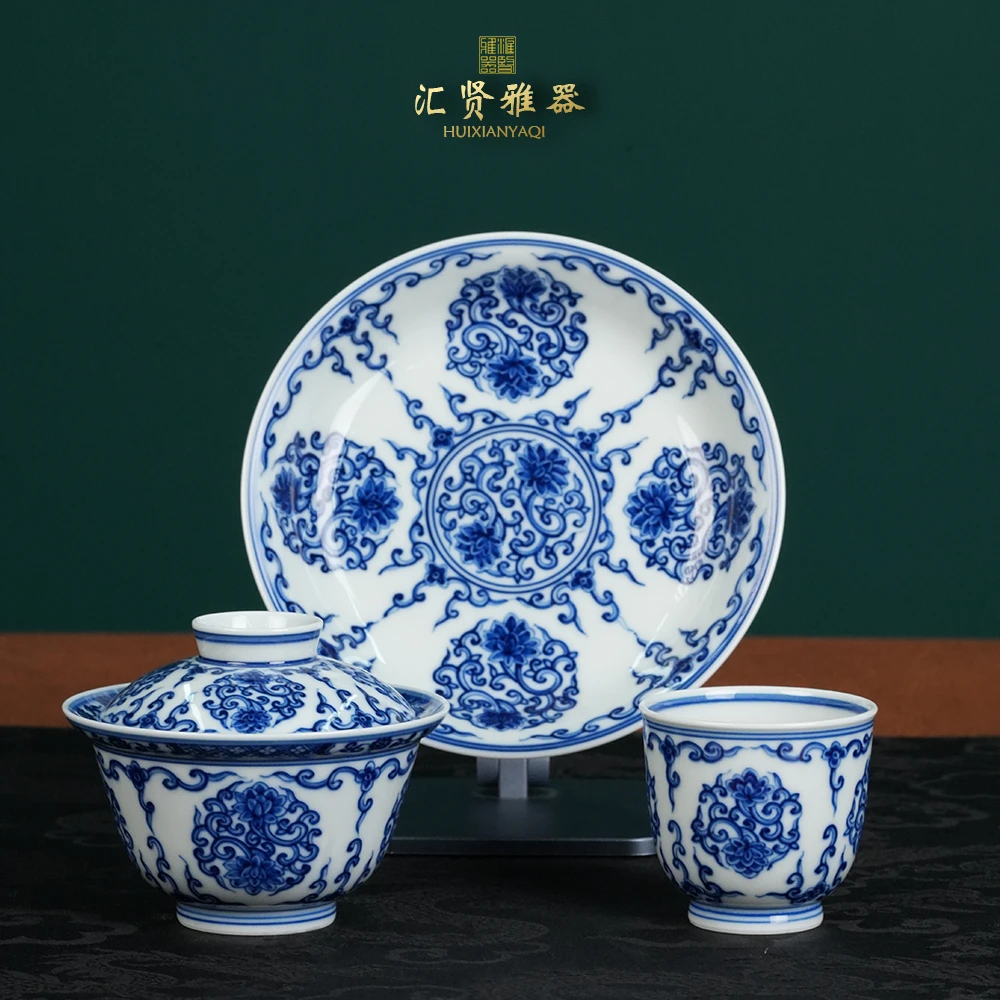 青花缠枝团花纹套组一碗一杯壶承盖碗110cc手工纯手绘茶器茶具