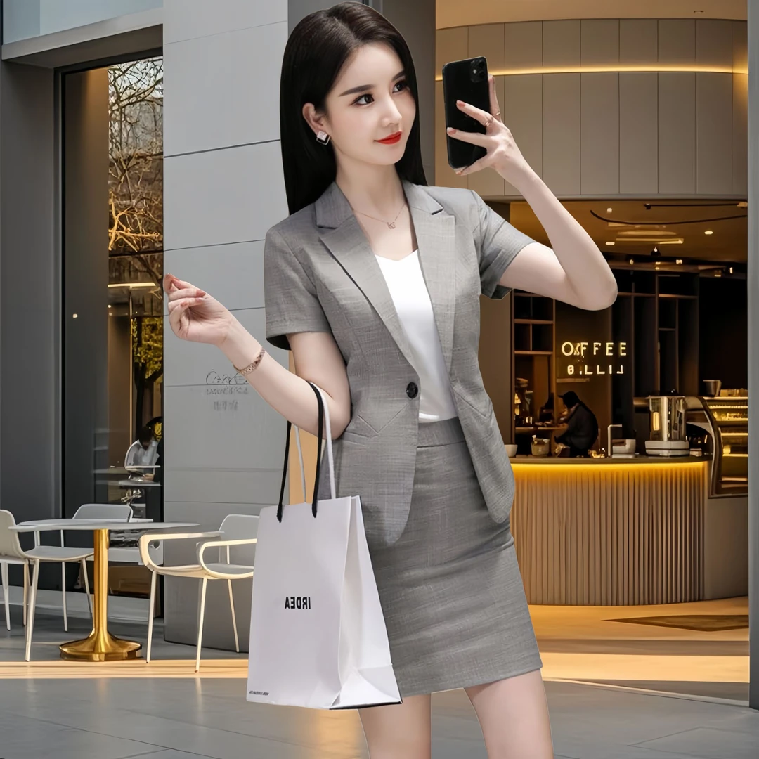 黑色夏季西装套装女短袖薄款修身显瘦西装裙珠宝店美容师正装套裙