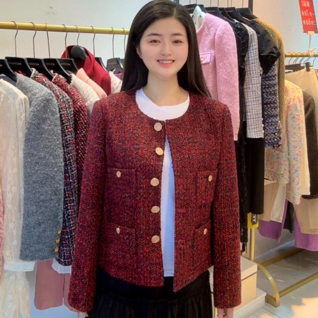 纱金属扣圆领花呢单排扣长袖法式小香风外套女