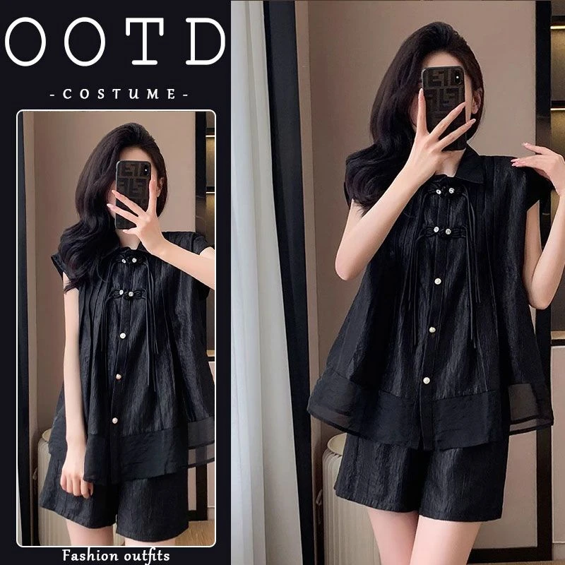 美式别致显气质套装女夏季提花复古盘扣衬衫搭配休闲运动短裤