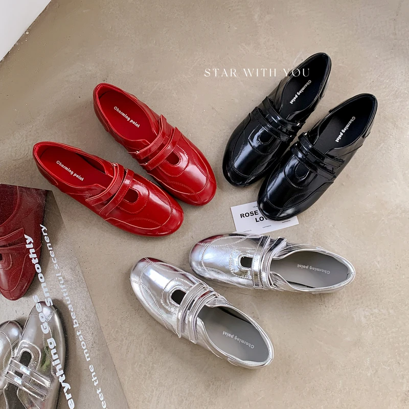 【STAR】韩版ins风魔术贴德训鞋百搭复古圆头漆皮平底休闲单鞋2cm