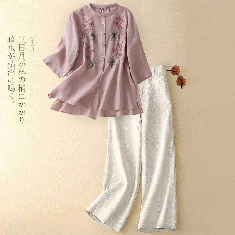 休闲风时尚套装夏季新款年轻妈妈短袖复古宽松文艺衬衫两件套亚麻