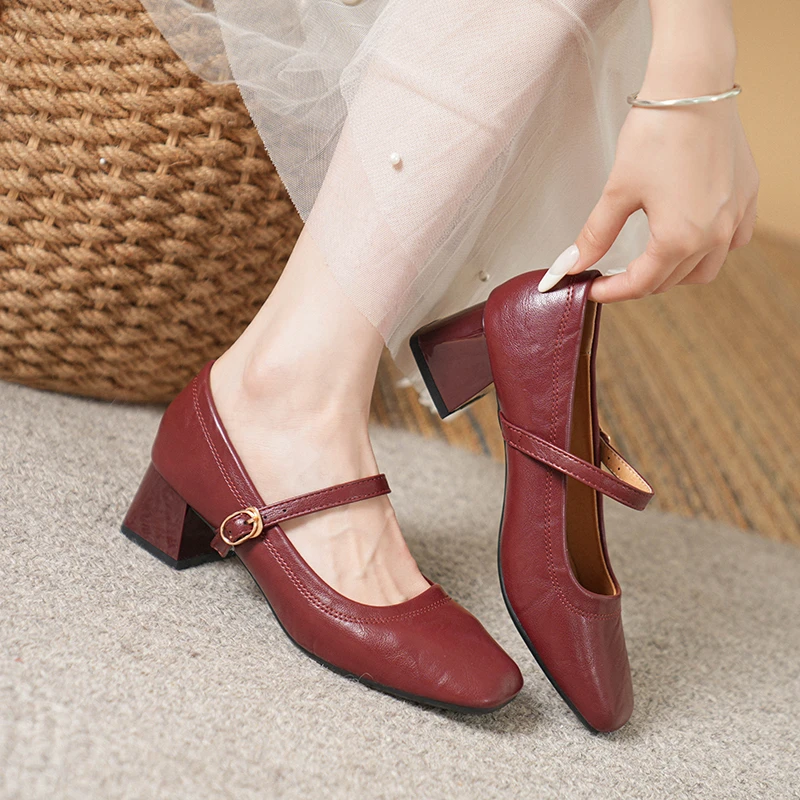 粗跟复古玛丽珍鞋真皮女皮鞋夏季新款时尚简约一字带方跟法式方头