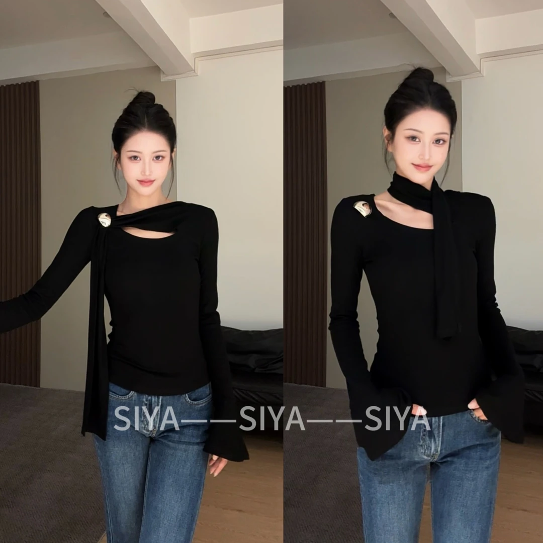 【SIYA】纯欲辣妹斜肩不规则长袖T恤秋季新款修身显瘦小众设计上衣