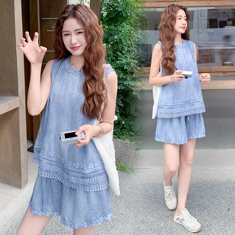 法式蕾丝拼接短裤套装女2025夏季新款气质设计感无袖上衣两件套