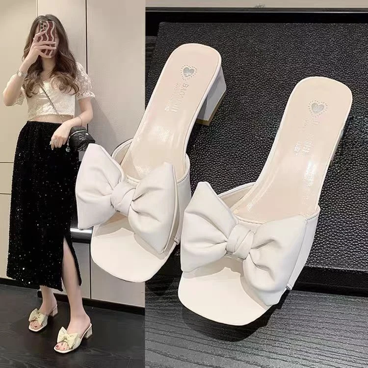 粗跟凉拖鞋女夏外穿2025新款百搭高跟凉鞋蝴蝶结网红仙女风一字拖