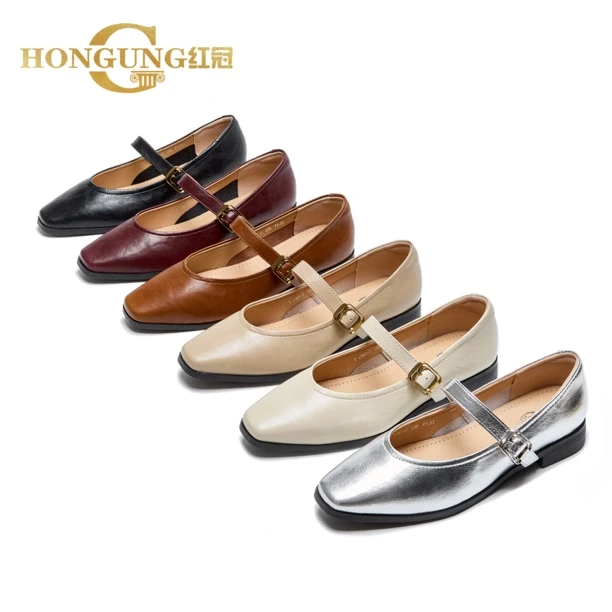 断码捡漏| 红冠法式粗跟小香风玛丽珍复古女鞋气质平底皮鞋6981-2