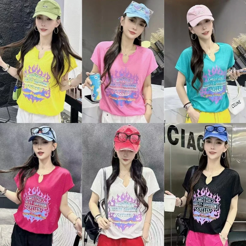 夏季新款广场舞竹节冰感下摆抽绳T恤女时尚宽松印花薄款上衣CXD