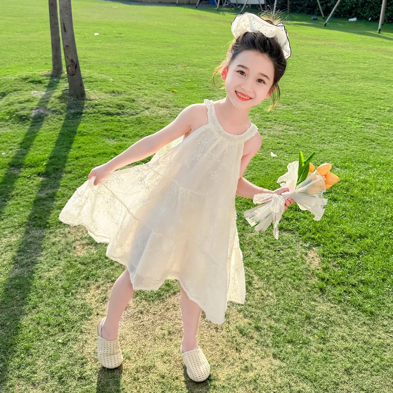 女童法式挂脖连衣裙2025夏款儿童洋气吊带公主裙女孩沙滩礼服裙仙